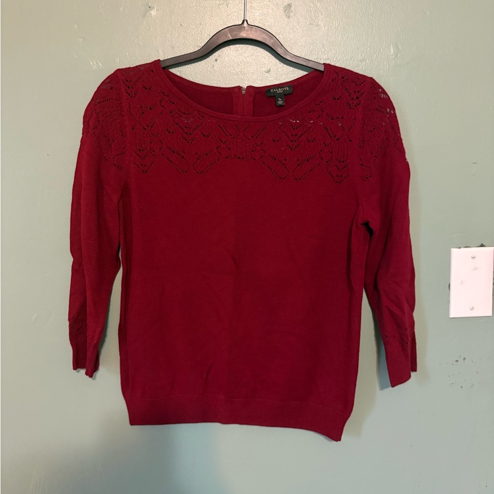 Talbots Deep Red Sweater with Intricate Lace